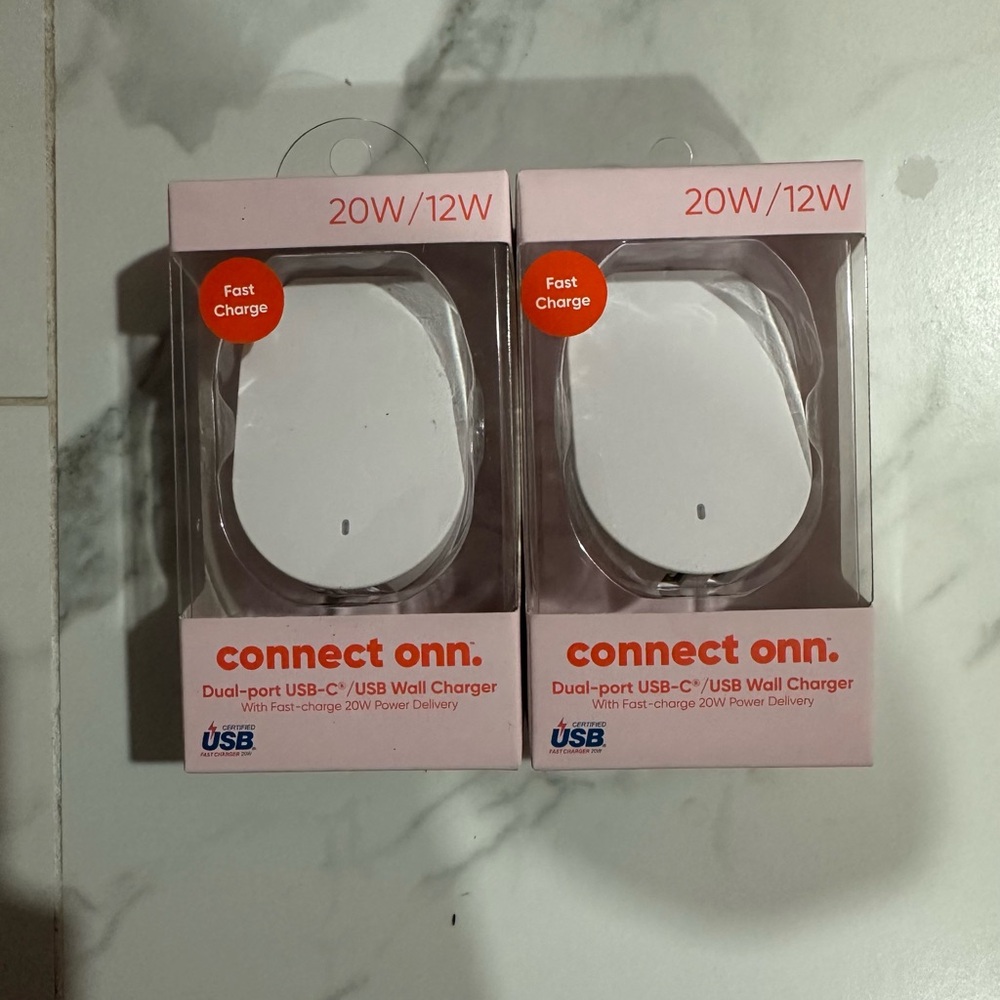 Set of 2 ONN Dual-Port Wall Charger with USB-C 20W USB 12w For Phones Devices Fa